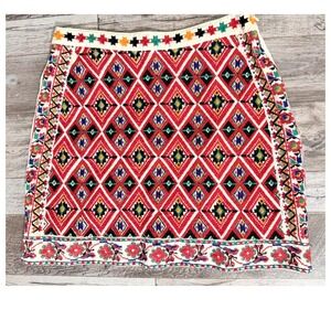 Topshop Boho Colorful Embroidered Mini Skirt Red Geometric Pattern Festival US 4